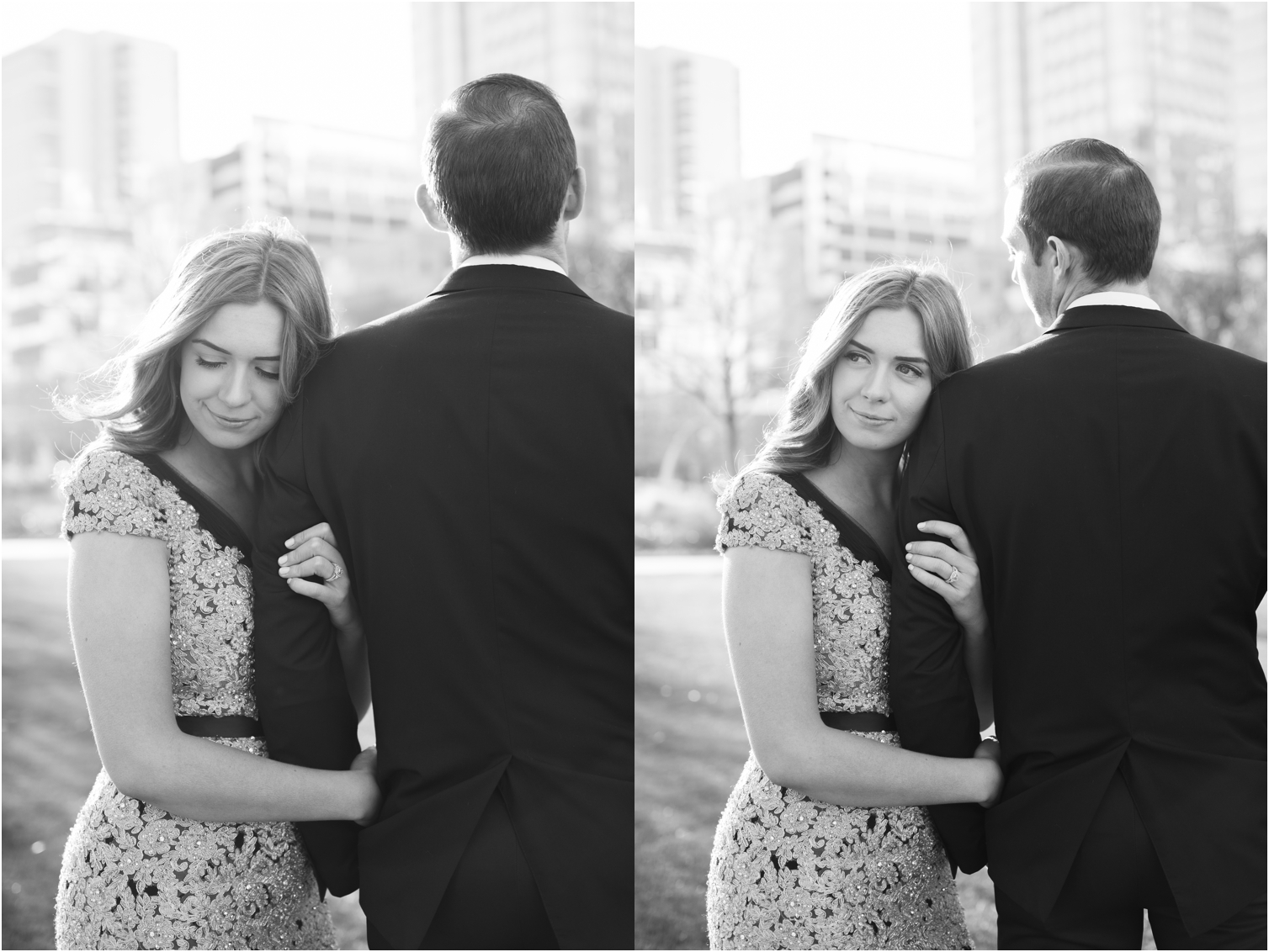 black and white, engaged couple with downtown dallas in background