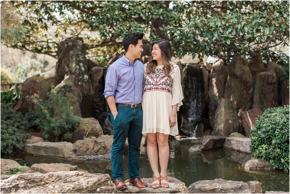 couple at waterfall at botanic gardens
