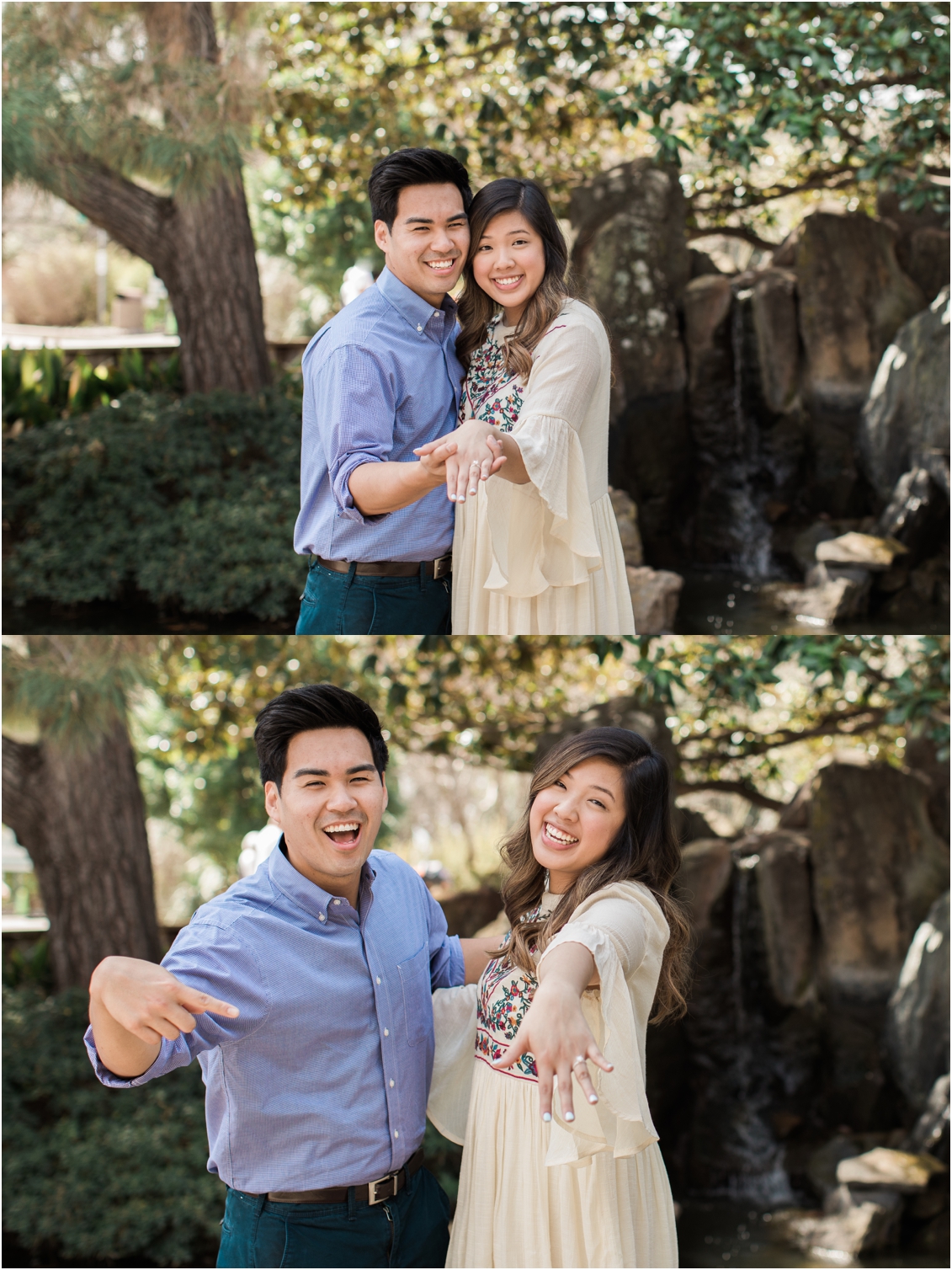 newly engaged couple showing off the ring at botanic gardens