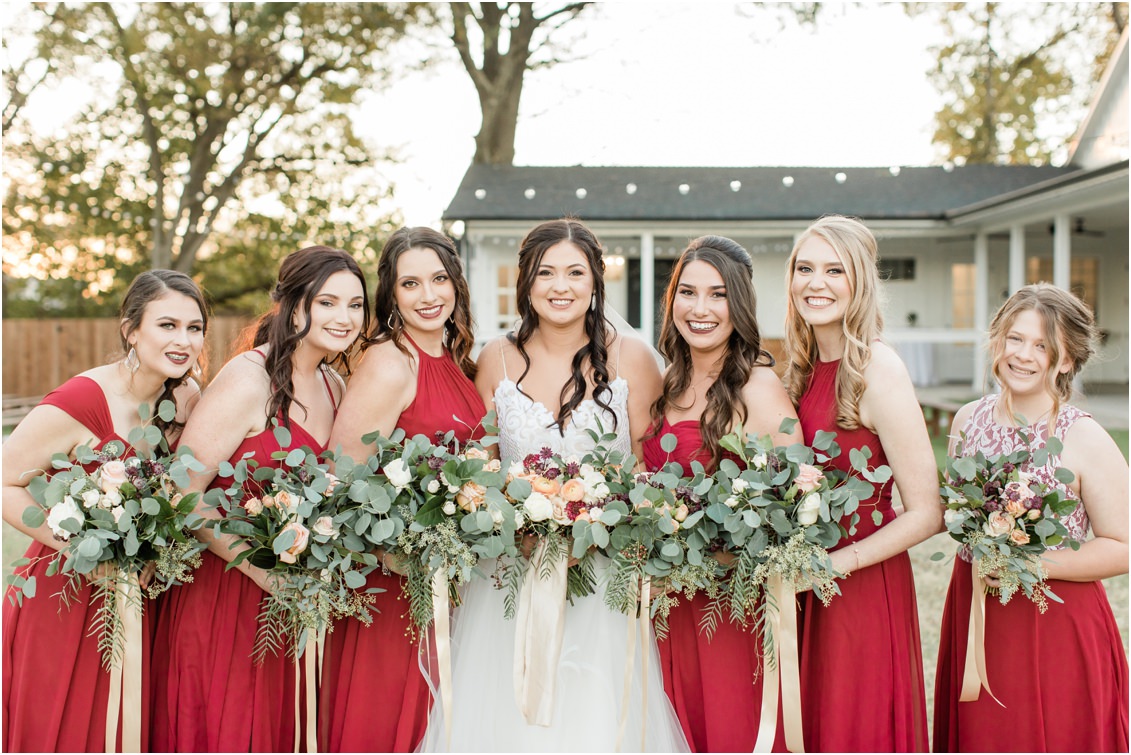 red bridesmaids dresses, bridal party photos