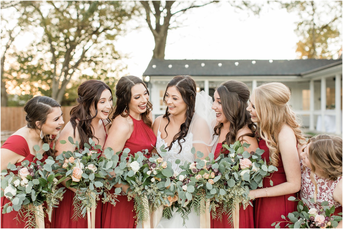 red bridesmaids dresses, bridal party photos