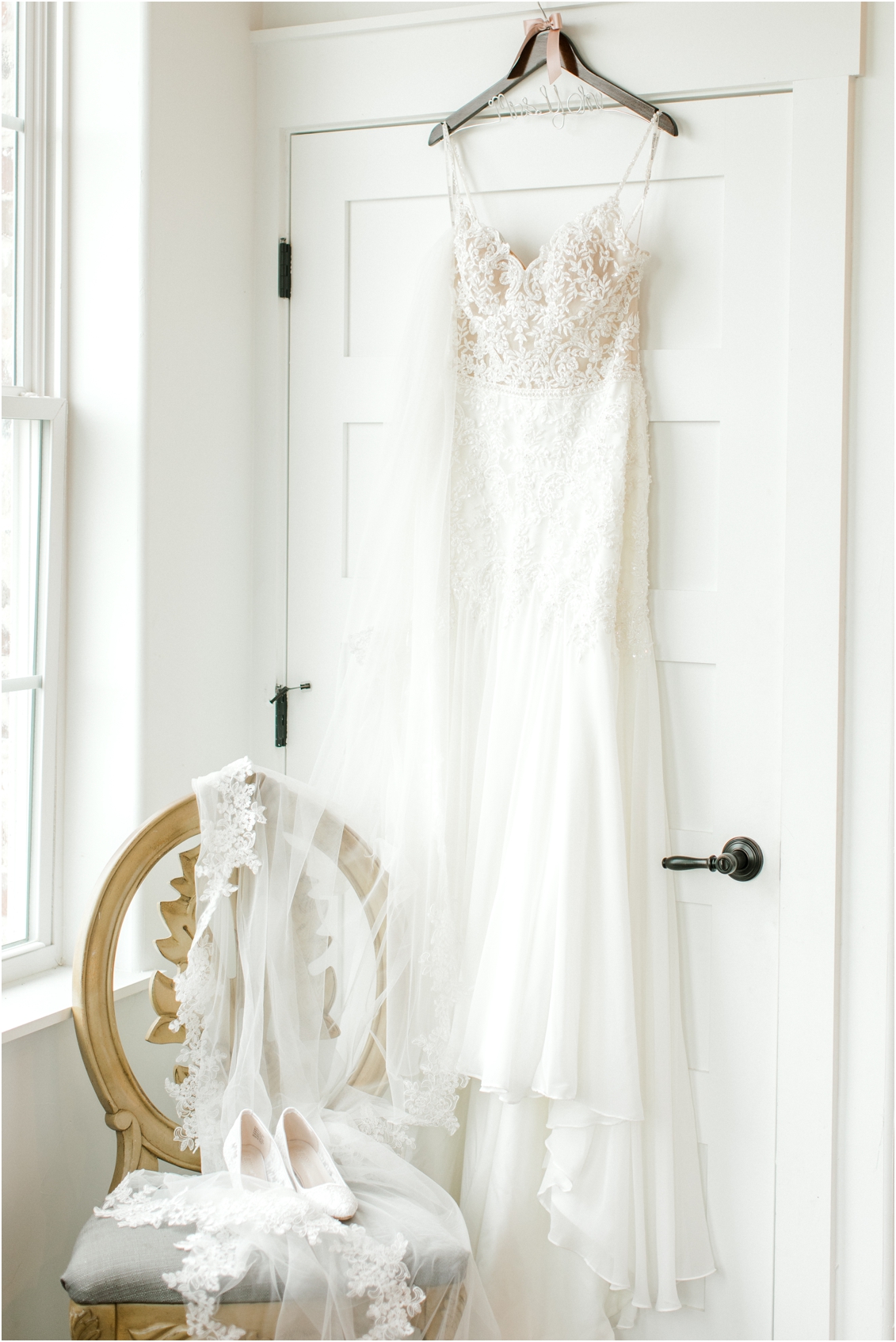 Wedding at Rustic Grace Estate by Gaby Caskey Photography, wedding dress hanging picture