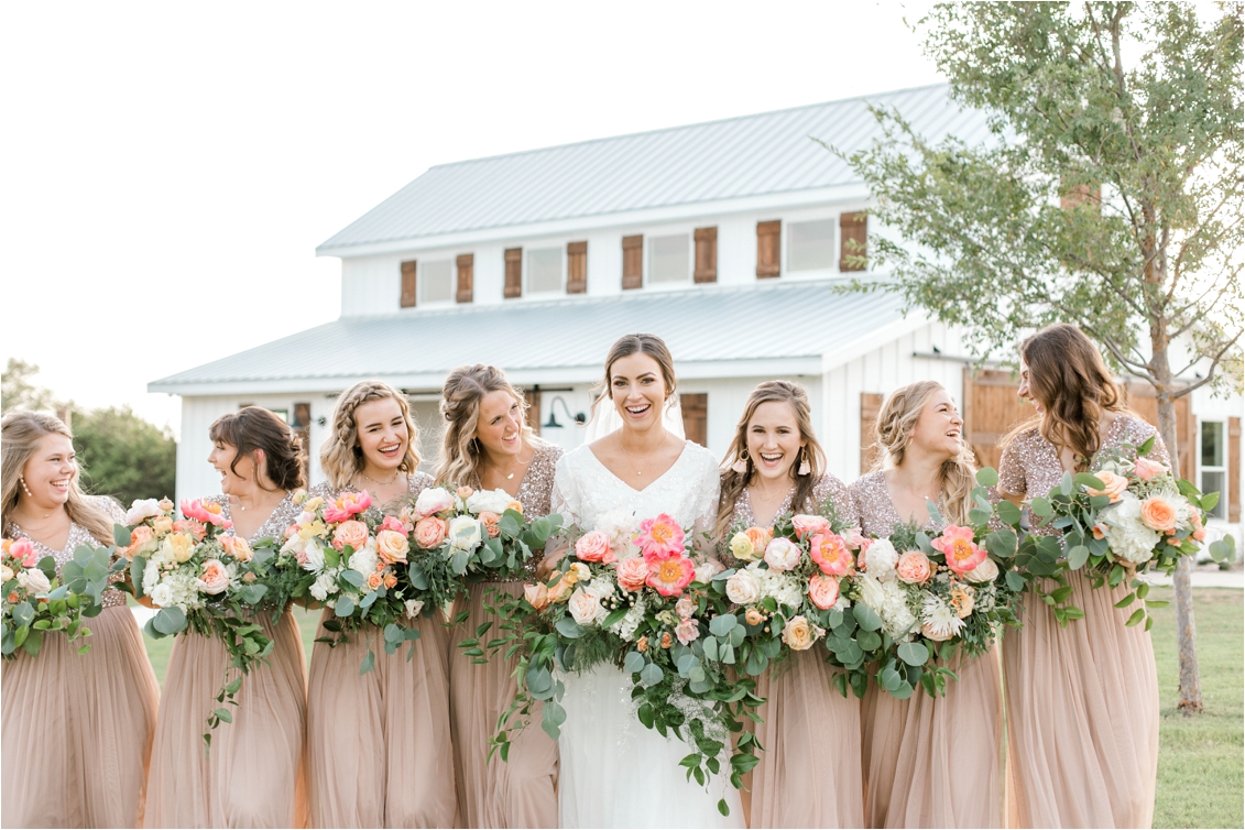 Five Oaks Farm Wedding in Cleburne, Texas by Gaby Caskey Photography, Texas Wedding Inspiration, white barn wedding inspiration, blush and gold bridesmaids dresses, bridesmaids portraits