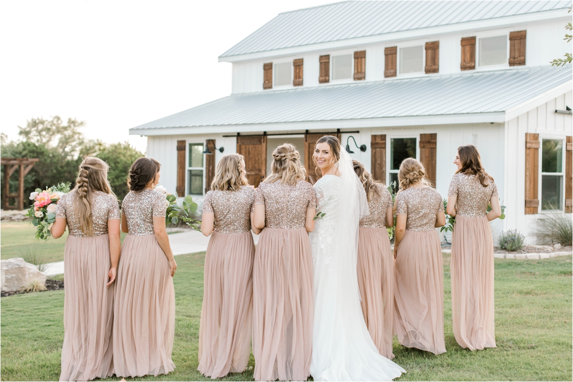 Five Oaks Farm Wedding in Cleburne, Texas by Gaby Caskey Photography, Texas Wedding Inspiration, white barn wedding inspiration, blush and gold bridesmaids dresses, bridesmaids portraits