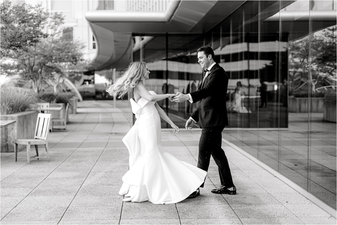 bride and groom portraits, white bridal bouquet, downtown Fort Worth wedding portraits