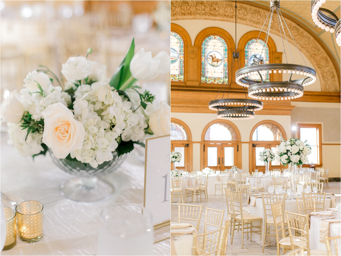 The Ashton Depot wedding venue, wedding reception details, white floral reception centerpieces