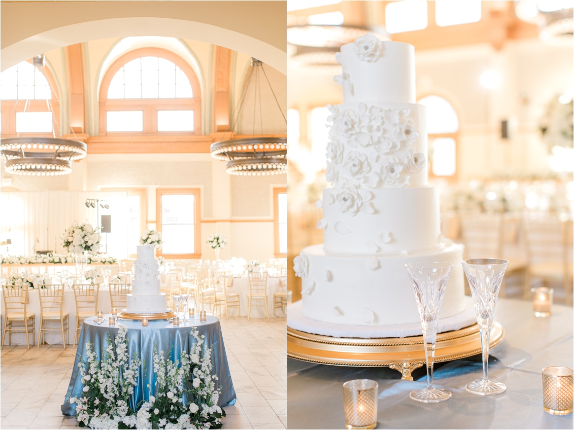 The Ashton Depot wedding venue, wedding reception details, wedding cake table decor