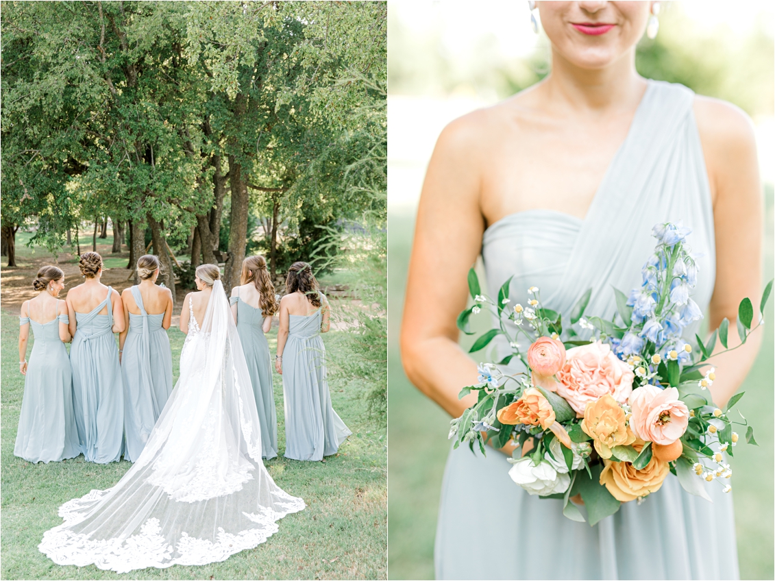 bright and colorful wedding bouquet with citrus accents, bridesmaids in soft blue dresses